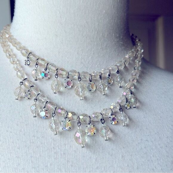Vintage Two Strand Tiered Aurora Borealis Crystal Necklace - West Germany - Picture 1 of 7